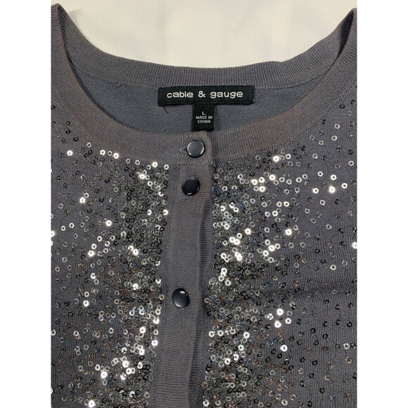 Cable & Gauge Sequin Cardigan Sweater Gray Silver 3/4 Sleeves Womens L - Picture 3 of 9